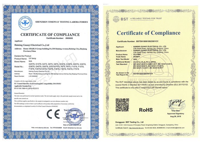 certification of GPH843T5L UVC light sterilizer lamp